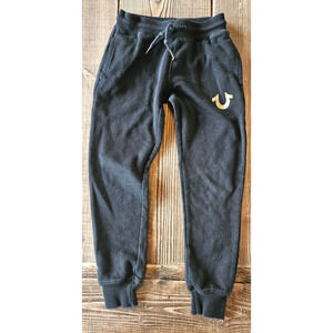 True Religion Jogger Sweatpants Boys Small Black Drawstring Waist Gold Logo Kids